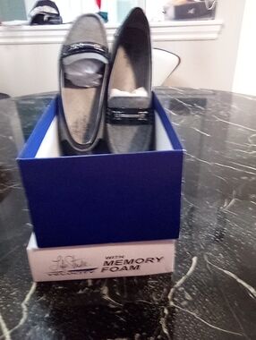Gray Loafers with Black Patent Trim
